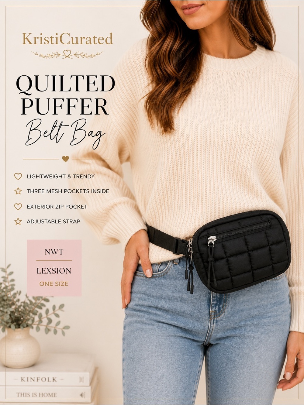 🤍👜 Lexsion Quilted Puffer Belt Bag Crossbody Black NWT